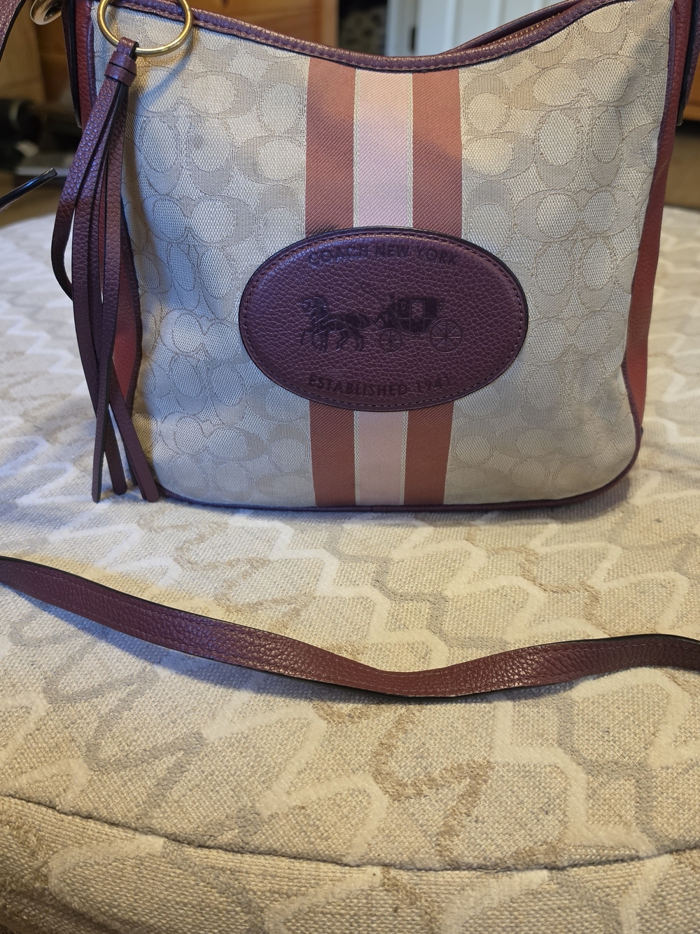 COACH Signature Canvas Horse & Carriage Chaise Crossbody Bag Wine Khaki